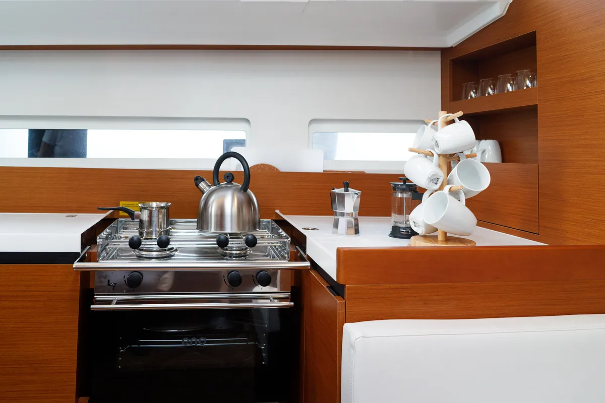 Galley of Aquamarine, a Jeanneau Sun Odyssey 410 sailboat at Municipal Unit of Lefkada, Greece