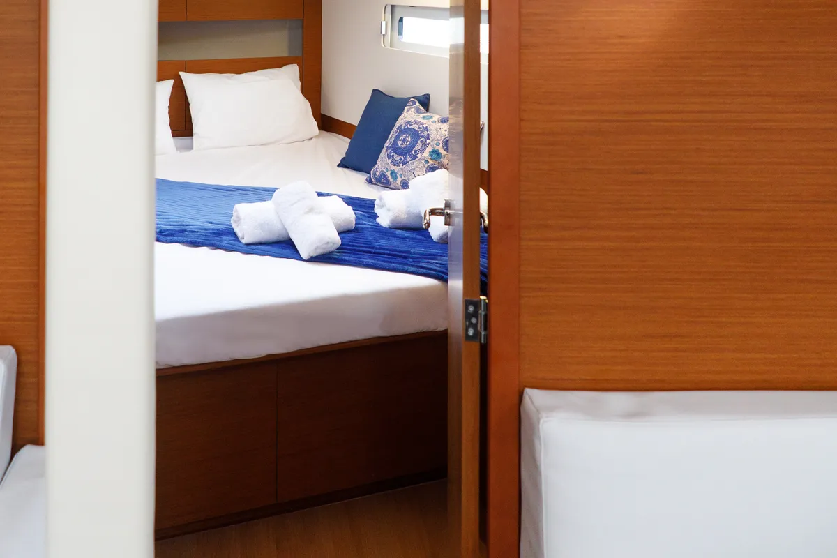 Salon of Aquamarine, a Jeanneau Sun Odyssey 410 sailboat at Municipal Unit of Lefkada, Greece