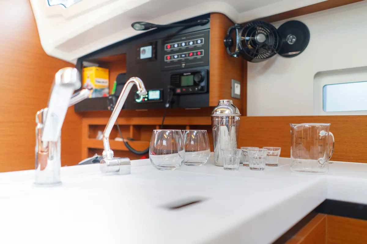 Galley of Aquamarine, a Jeanneau Sun Odyssey 410 sailboat at Municipal Unit of Lefkada, Greece