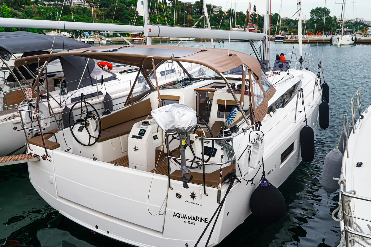 Exterior view of Aquamarine, a Jeanneau Sun Odyssey 410 sailboat at Municipal Unit of Lefkada, Greece