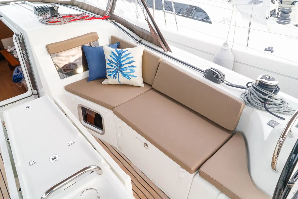 Deck of Aquamarine, a Jeanneau Sun Odyssey 410 sailboat at Municipal Unit of Lefkada, Greece