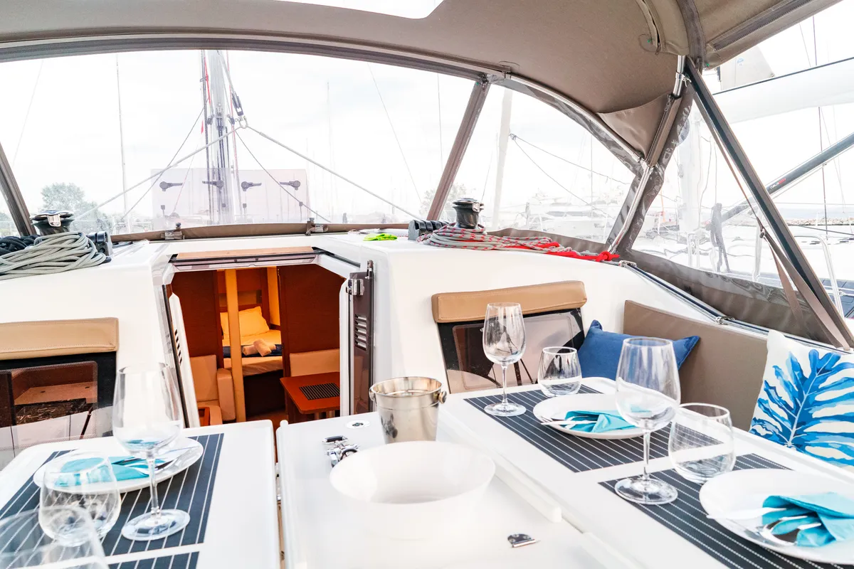 Deck of Aquamarine, a Jeanneau Sun Odyssey 410 sailboat at Municipal Unit of Lefkada, Greece