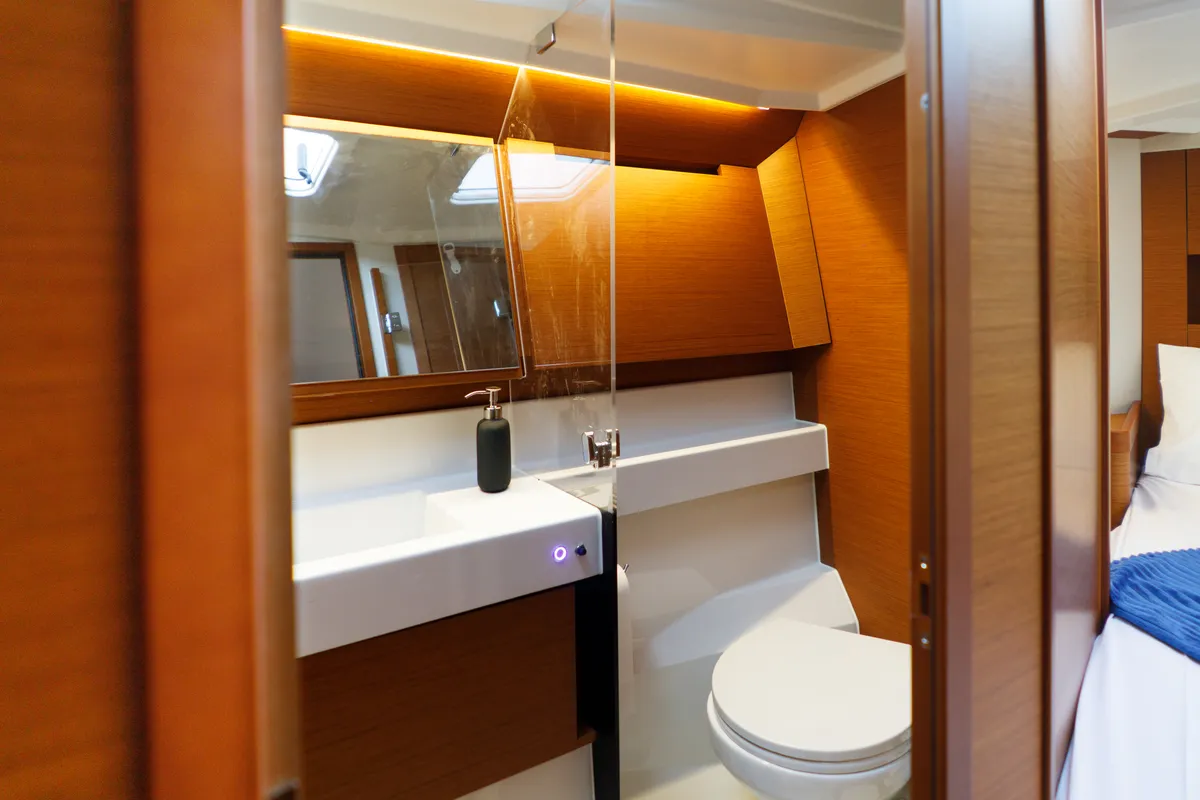 Head on Aquamarine, a Jeanneau Sun Odyssey 410 sailboat at Municipal Unit of Lefkada, Greece