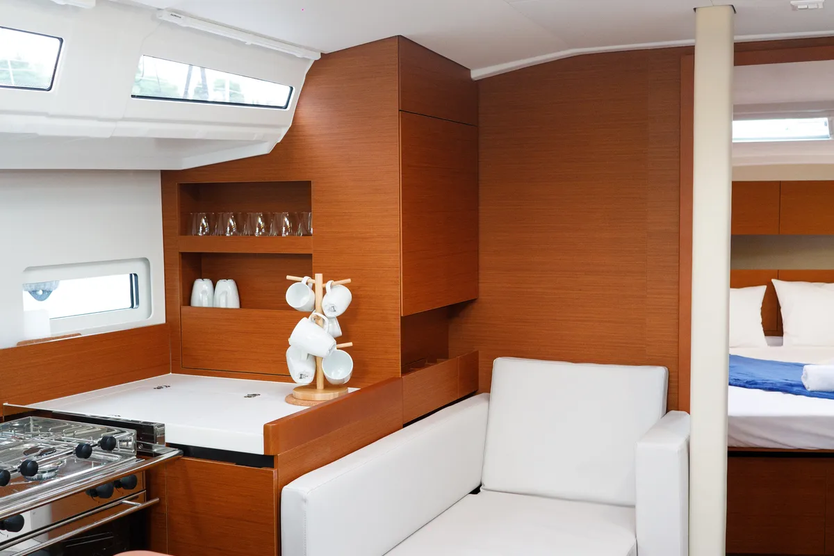 Galley of Aquamarine, a Jeanneau Sun Odyssey 410 sailboat at Municipal Unit of Lefkada, Greece