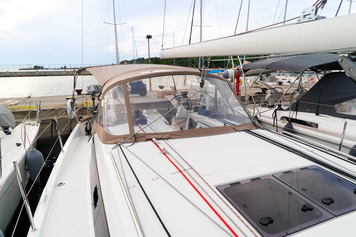 Deck of Aquamarine, a Jeanneau Sun Odyssey 410 sailboat at Municipal Unit of Lefkada, Greece