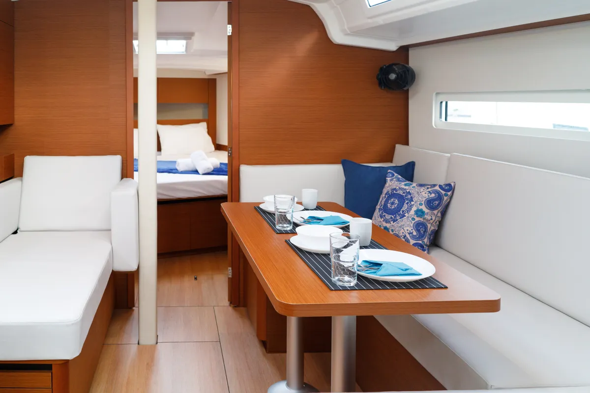 Salon of Aquamarine, a Jeanneau Sun Odyssey 410 sailboat at Municipal Unit of Lefkada, Greece
