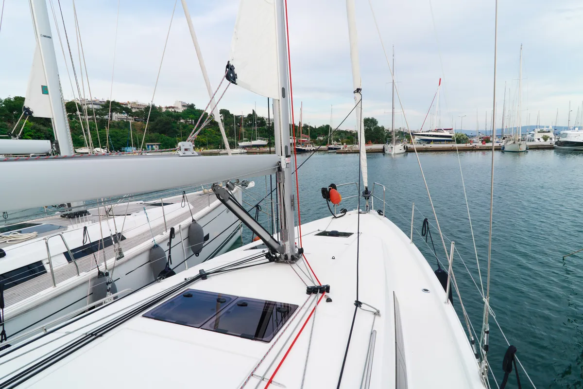 Exterior view of Aquamarine, a Jeanneau Sun Odyssey 410 sailboat at Municipal Unit of Lefkada, Greece