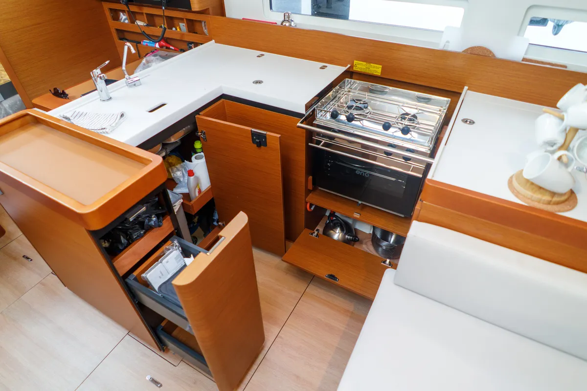 Galley of Aquamarine, a Jeanneau Sun Odyssey 410 sailboat at Municipal Unit of Lefkada, Greece