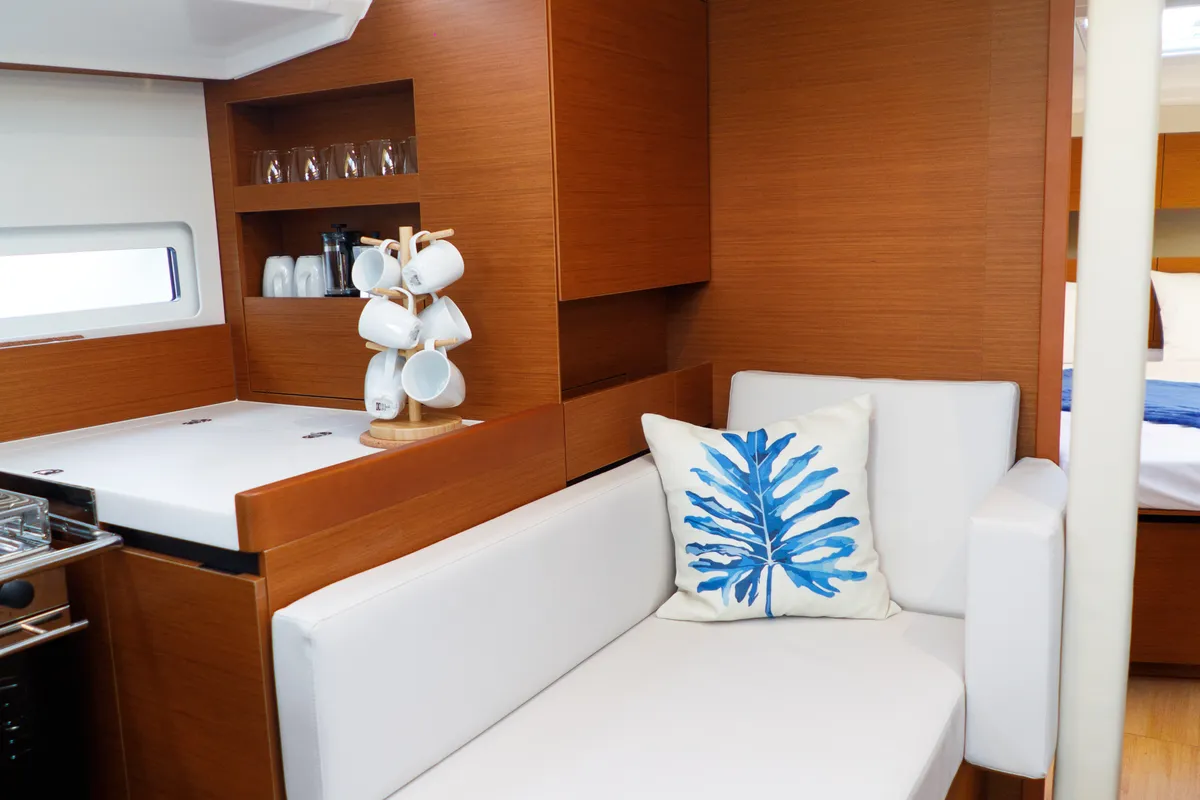 Salon of Aquamarine, a Jeanneau Sun Odyssey 410 sailboat at Municipal Unit of Lefkada, Greece