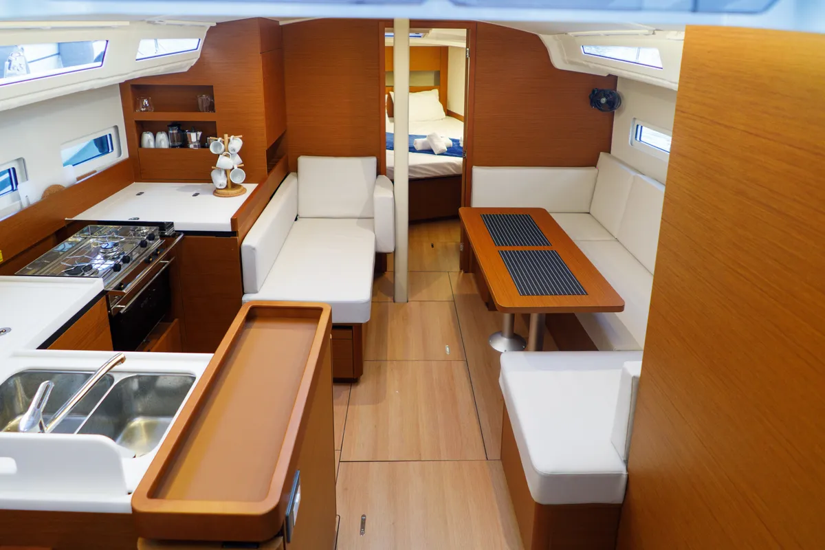 Salon of Aquamarine, a Jeanneau Sun Odyssey 410 sailboat at Municipal Unit of Lefkada, Greece