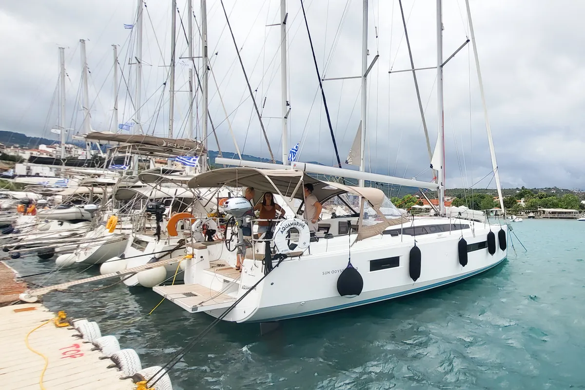 Exterior view of Aquamarine, a Jeanneau Sun Odyssey 410 sailboat at Municipal Unit of Lefkada, Greece