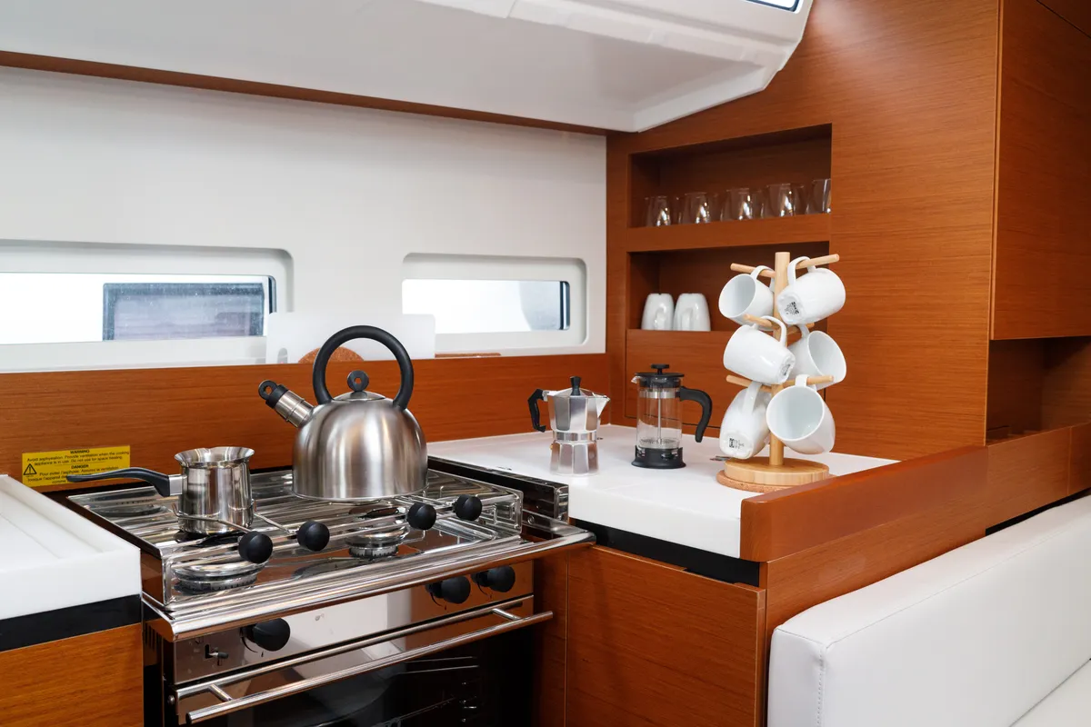Galley of Aquamarine, a Jeanneau Sun Odyssey 410 sailboat at Municipal Unit of Lefkada, Greece