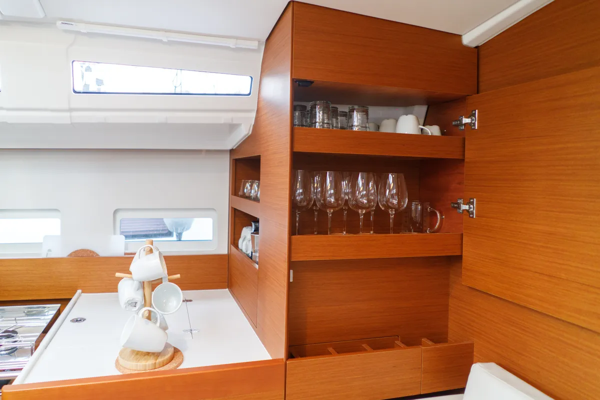 Galley of Aquamarine, a Jeanneau Sun Odyssey 410 sailboat at Municipal Unit of Lefkada, Greece