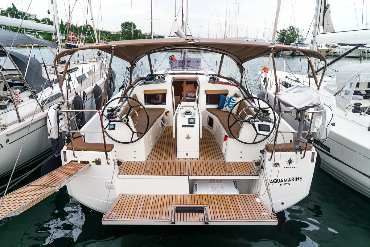 Exterior view of Aquamarine, a Jeanneau Sun Odyssey 410 sailboat at Municipal Unit of Lefkada, Greece