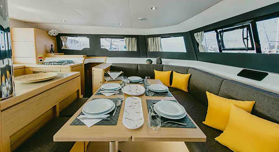 Salon of Blue Horizon, a Dufour 48 Catamaran catamaran at Preveza, Greece