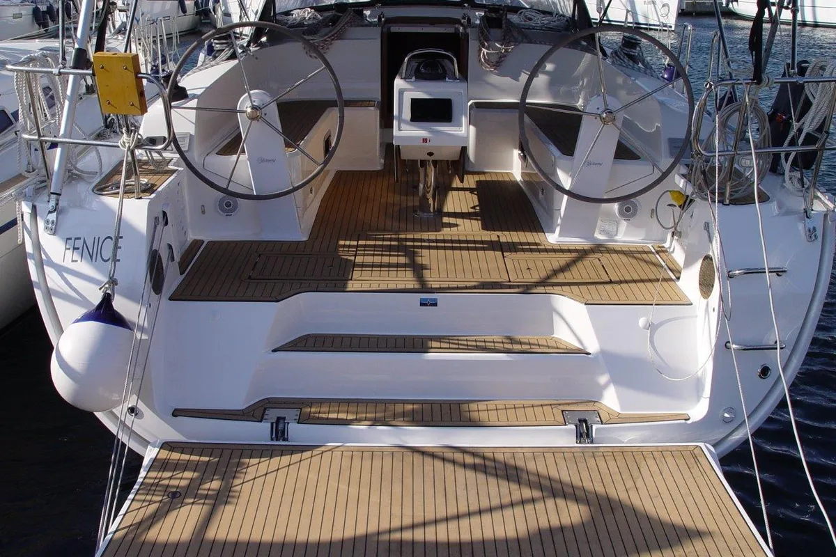 Cockpit of Fenice, a Bavaria Cruiser 46 sailboat at Olbia, Italy