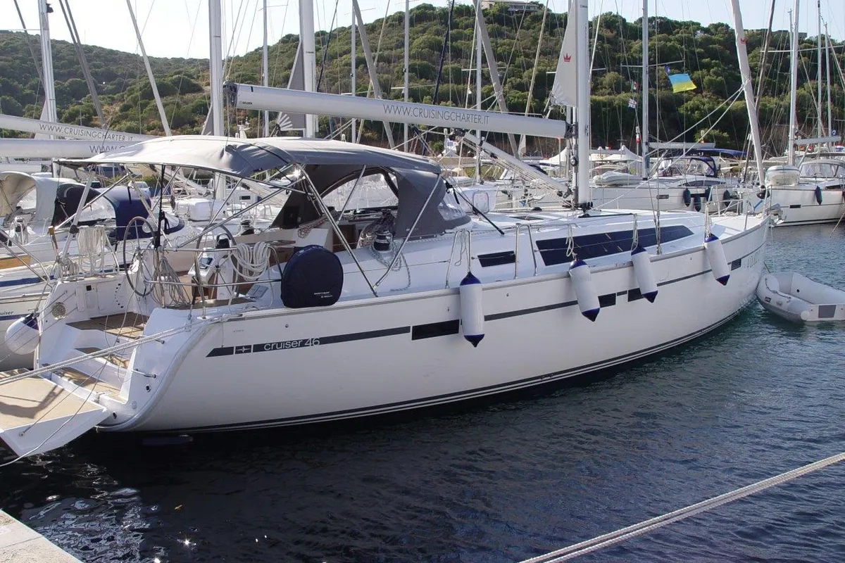 Exterior view of Fenice, a Bavaria Cruiser 46 sailboat at Olbia, Italy