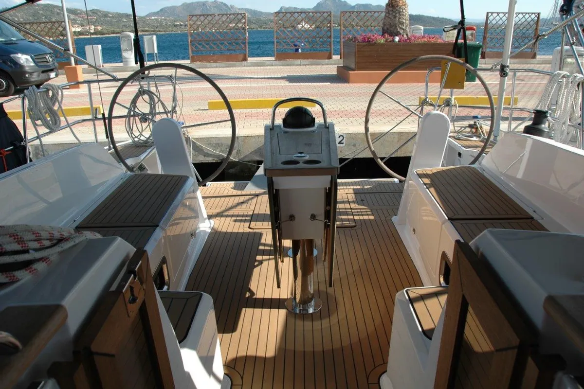 Cockpit of Fenice, a Bavaria Cruiser 46 sailboat at Olbia, Italy