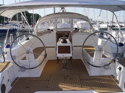 Cockpit of Fenice, a Bavaria Cruiser 46 sailboat at Olbia, Italy