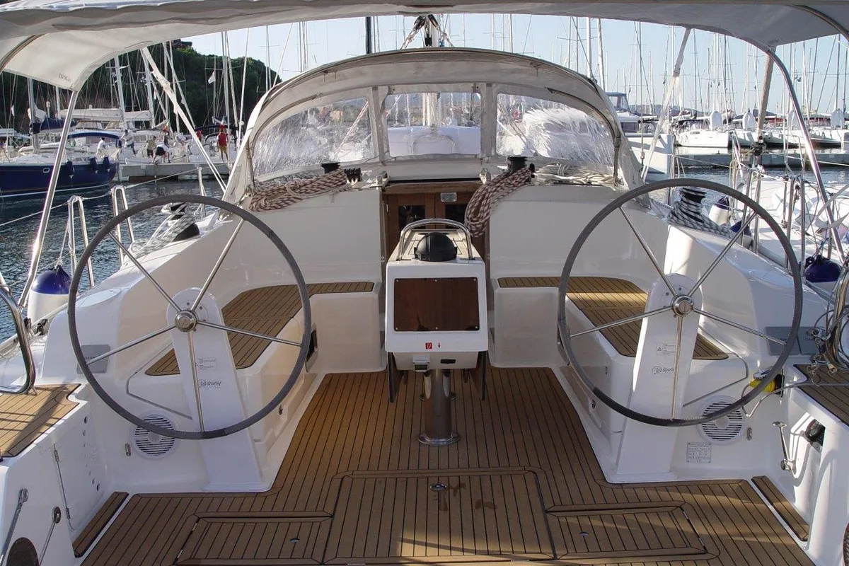 Cockpit of Fenice, a Bavaria Cruiser 46 sailboat at Olbia, Italy