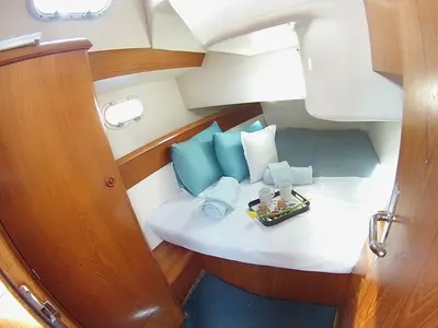 Cabin on Pythagoras, a Jeanneau Sun Odyssey 36.2 sailboat at Piraeus, Greece
