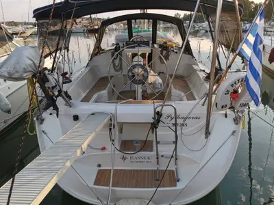 Cockpit of Pythagoras, a Jeanneau Sun Odyssey 36.2 sailboat at Piraeus, Greece