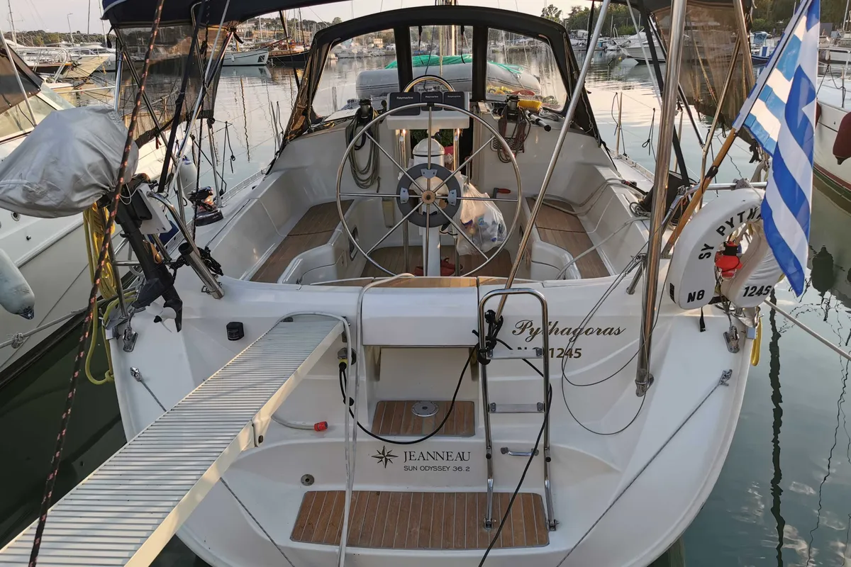 Cockpit of Pythagoras, a Jeanneau Sun Odyssey 36.2 sailboat at Piraeus, Greece