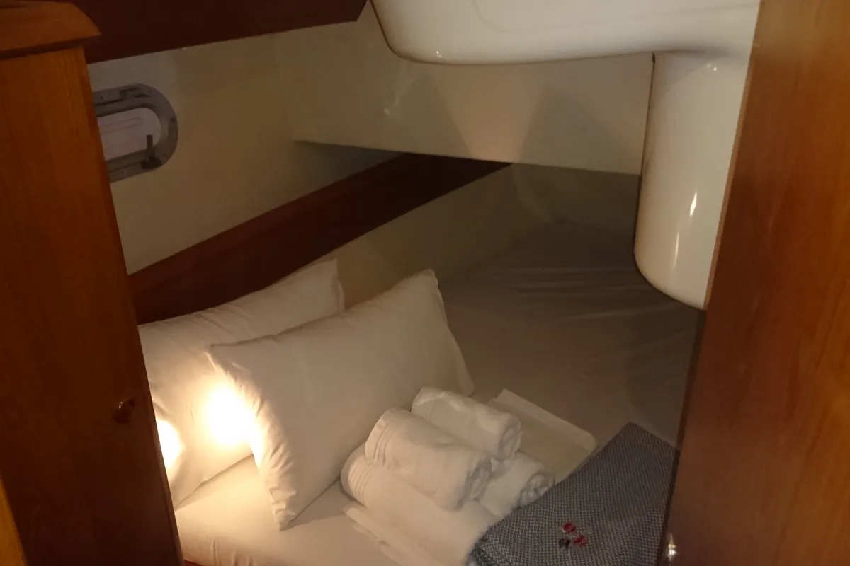 Cabin on Pythagoras, a Jeanneau Sun Odyssey 36.2 sailboat at Piraeus, Greece