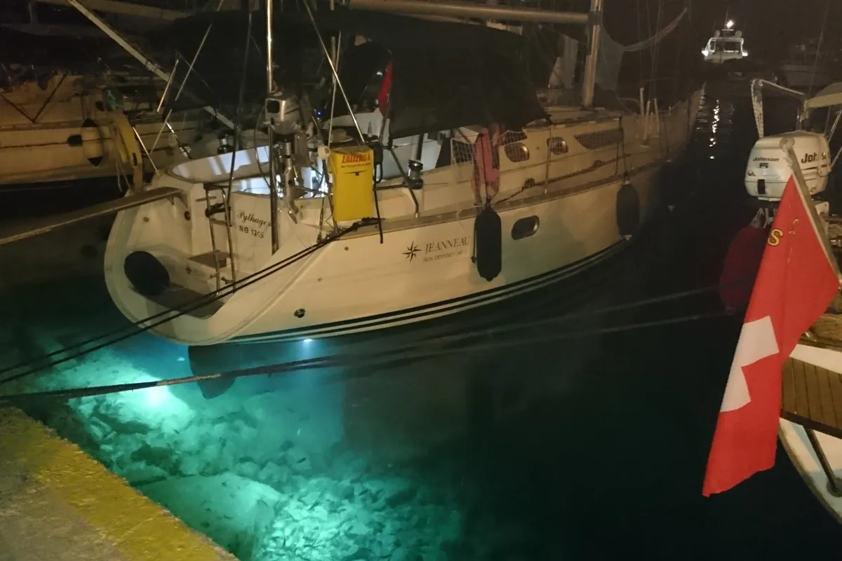 Exterior view of Pythagoras, a Jeanneau Sun Odyssey 36.2 sailboat at Piraeus, Greece