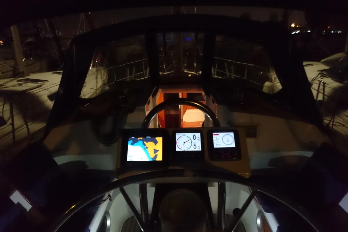 Cockpit of Pythagoras, a Jeanneau Sun Odyssey 36.2 sailboat at Piraeus, Greece