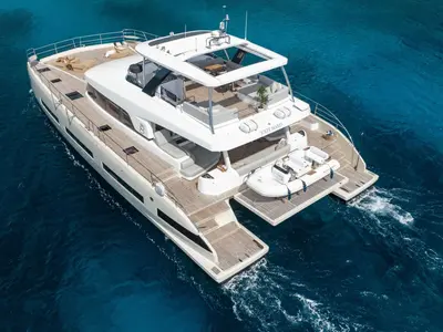 Siete Mares, a Lagoon Seventy 8 catamaran at Olbia, Italy