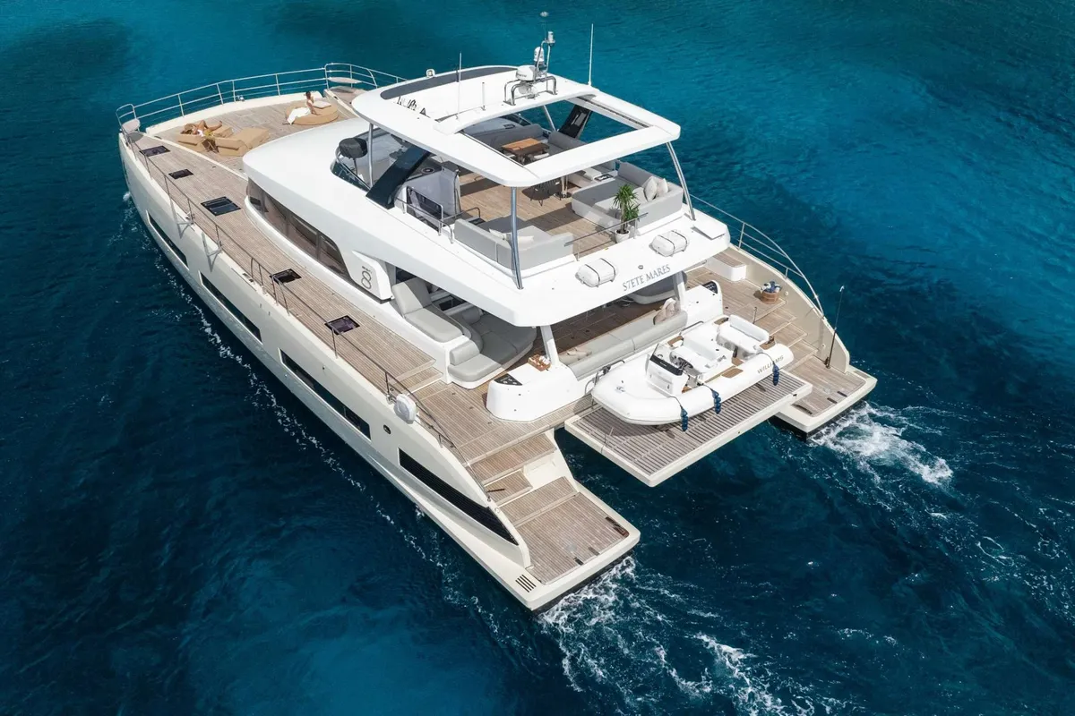 Siete Mares, a Lagoon Seventy 8 catamaran at Olbia, Italy