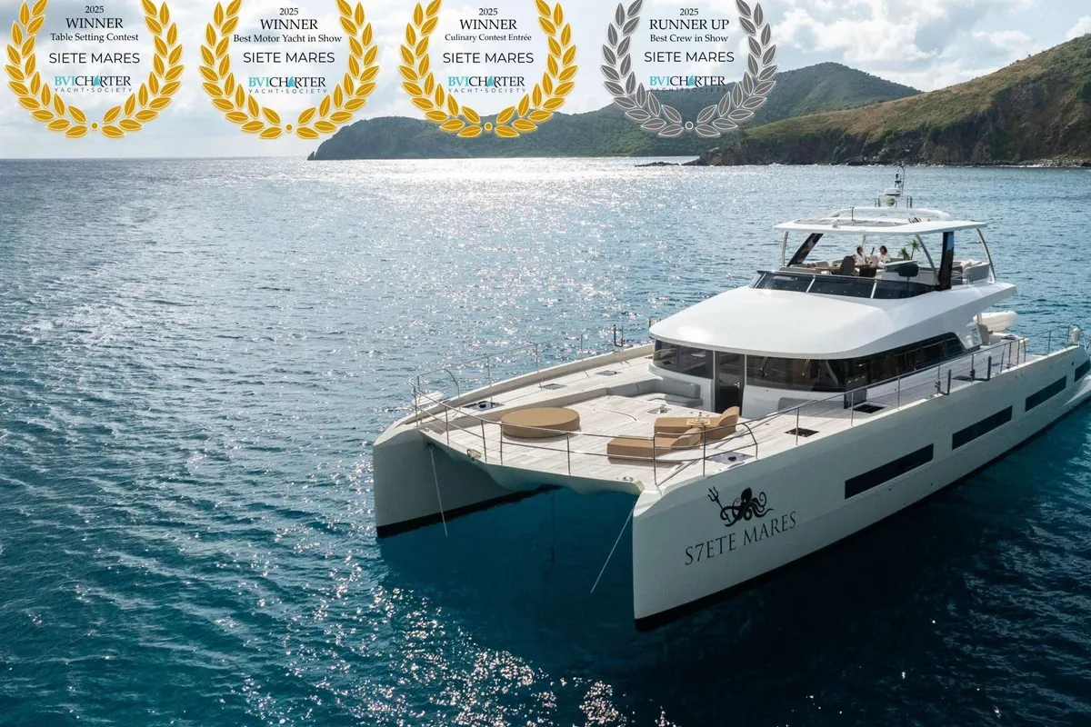 Siete Mares, a Lagoon Seventy 8 catamaran at Olbia, Italy