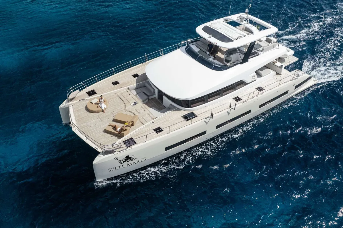 Siete Mares, a Lagoon Seventy 8 catamaran at Olbia, Italy