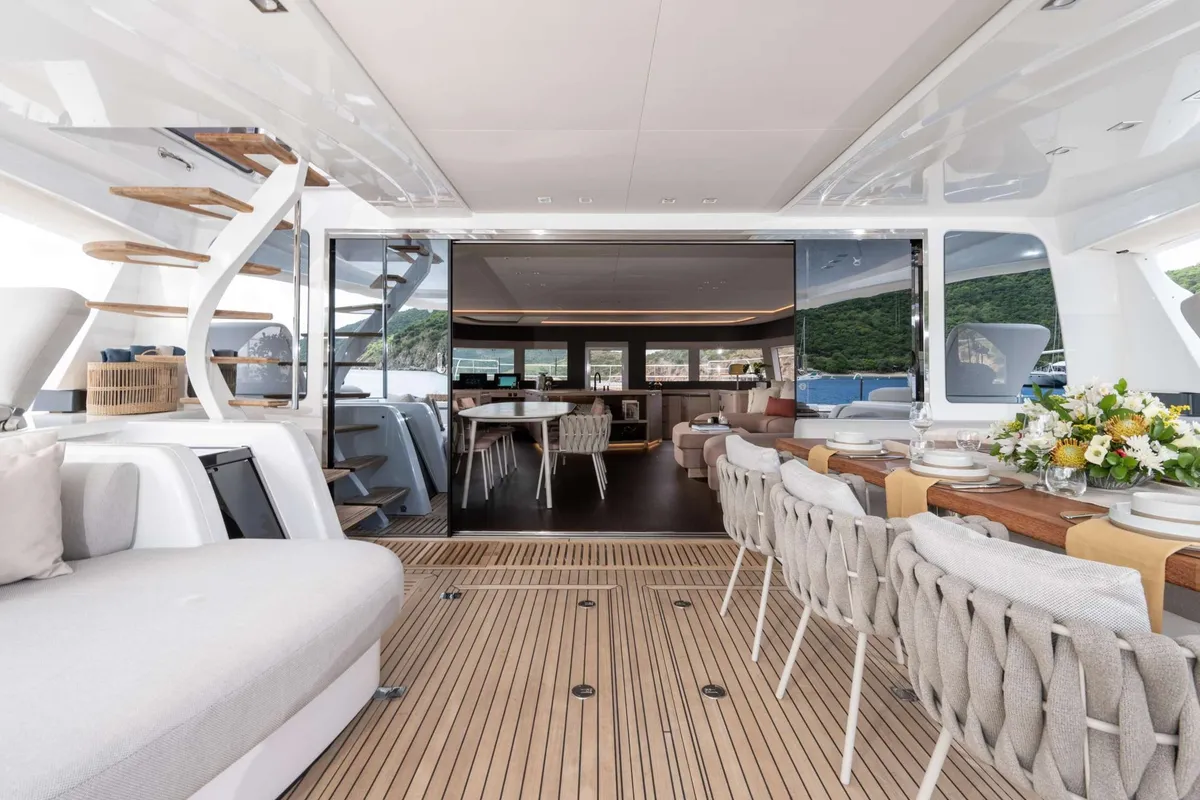 Siete Mares, a Lagoon Seventy 8 catamaran at Olbia, Italy