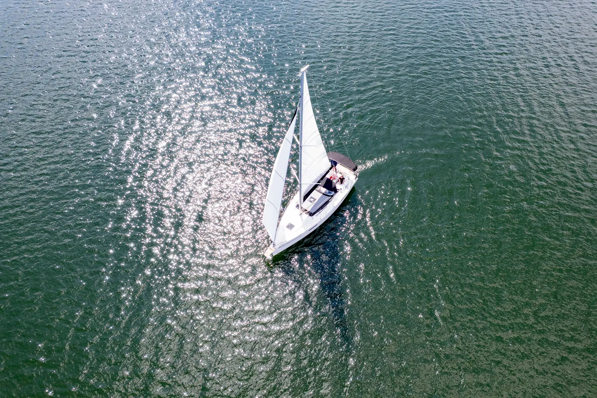 Exterior view of Ptasia Wyspa, a Northman Maxus 34 sailboat at Sztynort, Poland