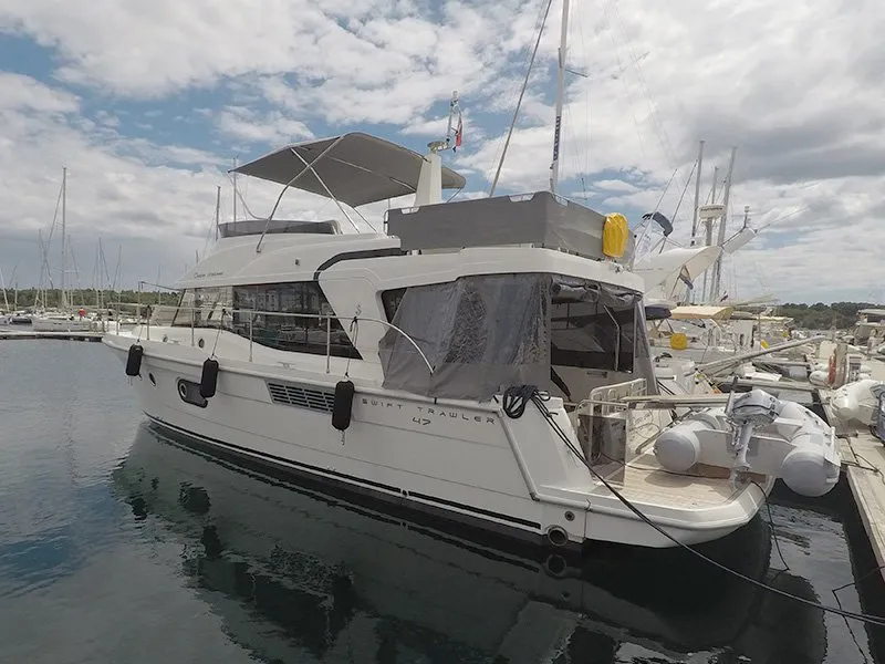 Exterior view of Ocean Dreamer, a Beneteau Swift Trawler 47 motor yacht at Grad Šibenik, Croatia