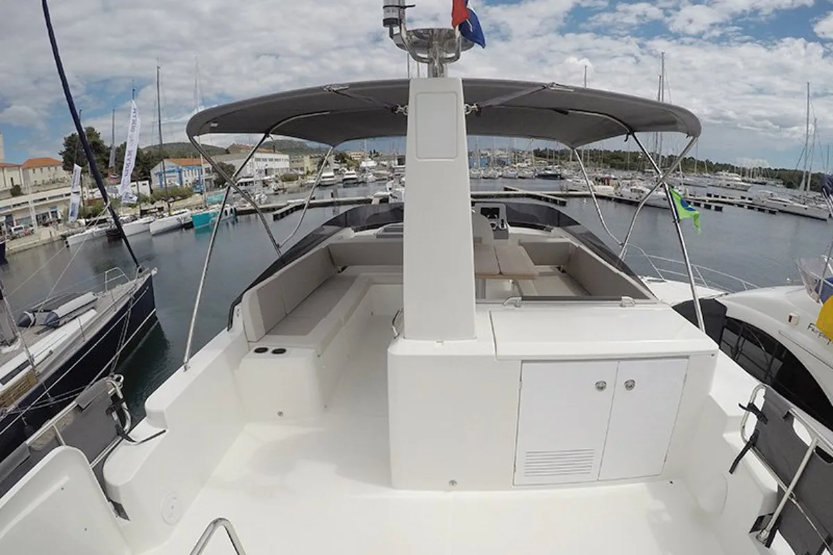 Deck of Ocean Dreamer, a Beneteau Swift Trawler 47 motor yacht at Grad Šibenik, Croatia