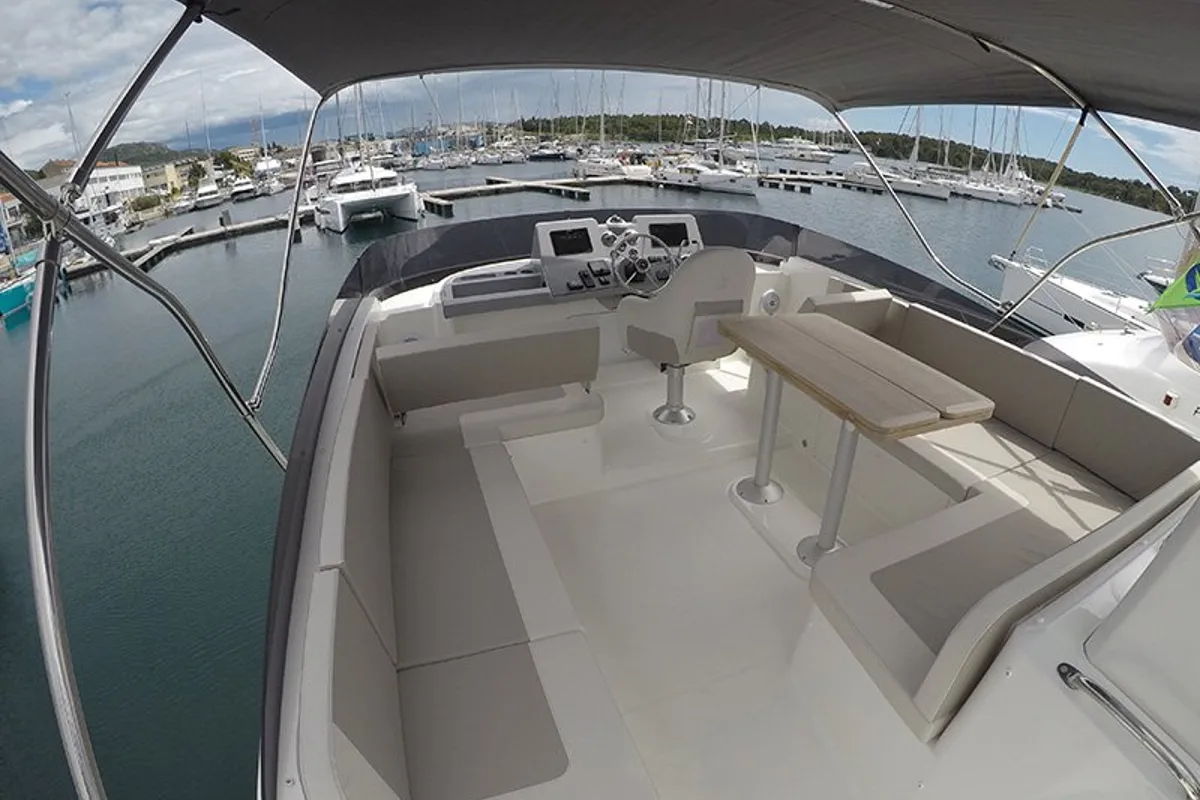 Cockpit of Ocean Dreamer, a Beneteau Swift Trawler 47 motor yacht at Grad Šibenik, Croatia