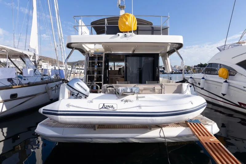 Exterior view of Ocean Dreamer, a Beneteau Swift Trawler 47 motor yacht at Grad Šibenik, Croatia