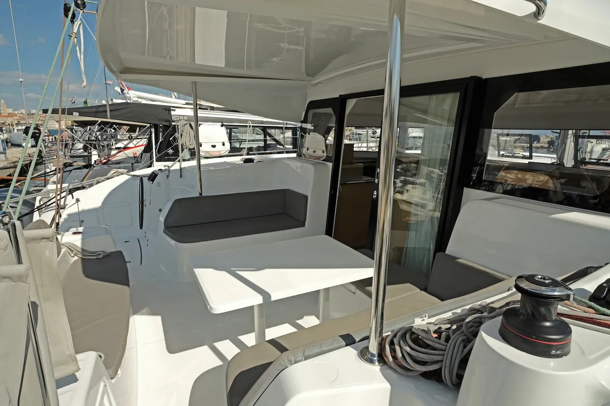 Deck of Bronze Kiss, a Excess 11 - 4 + 1 + 1 cab. catamaran at Split, Croatia