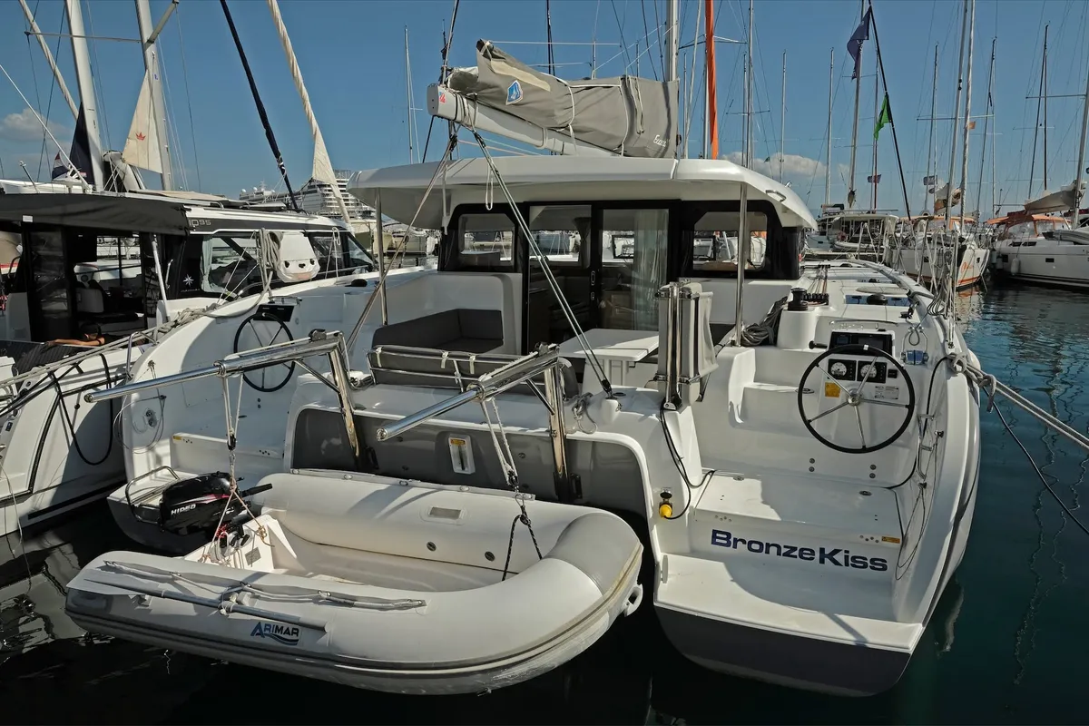 Exterior view of Bronze Kiss, a Excess 11 - 4 + 1 + 1 cab. catamaran at Split, Croatia