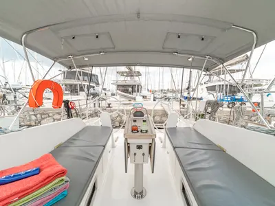 Cockpit of Laertis, a Bavaria Cruiser 41 sailboat at Volos, Greece