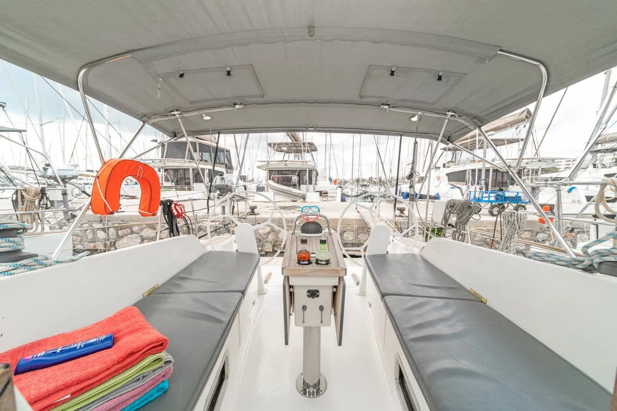 Cockpit of Laertis, a Bavaria Cruiser 41 sailboat at Volos, Greece