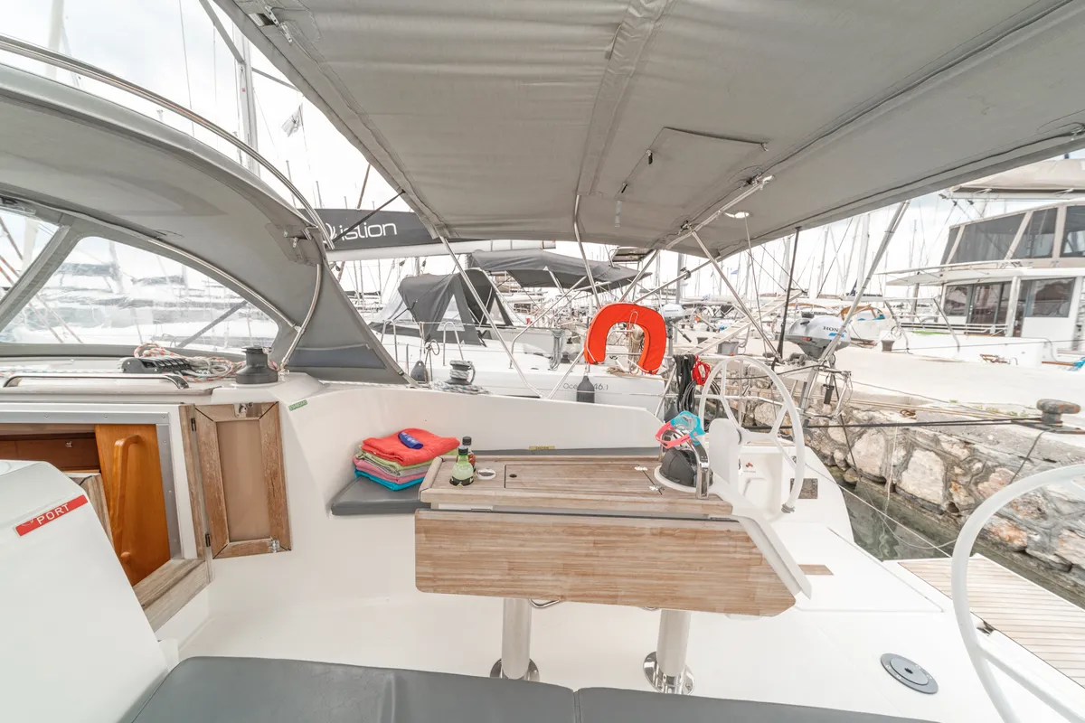 Cockpit of Laertis, a Bavaria Cruiser 41 sailboat at Volos, Greece