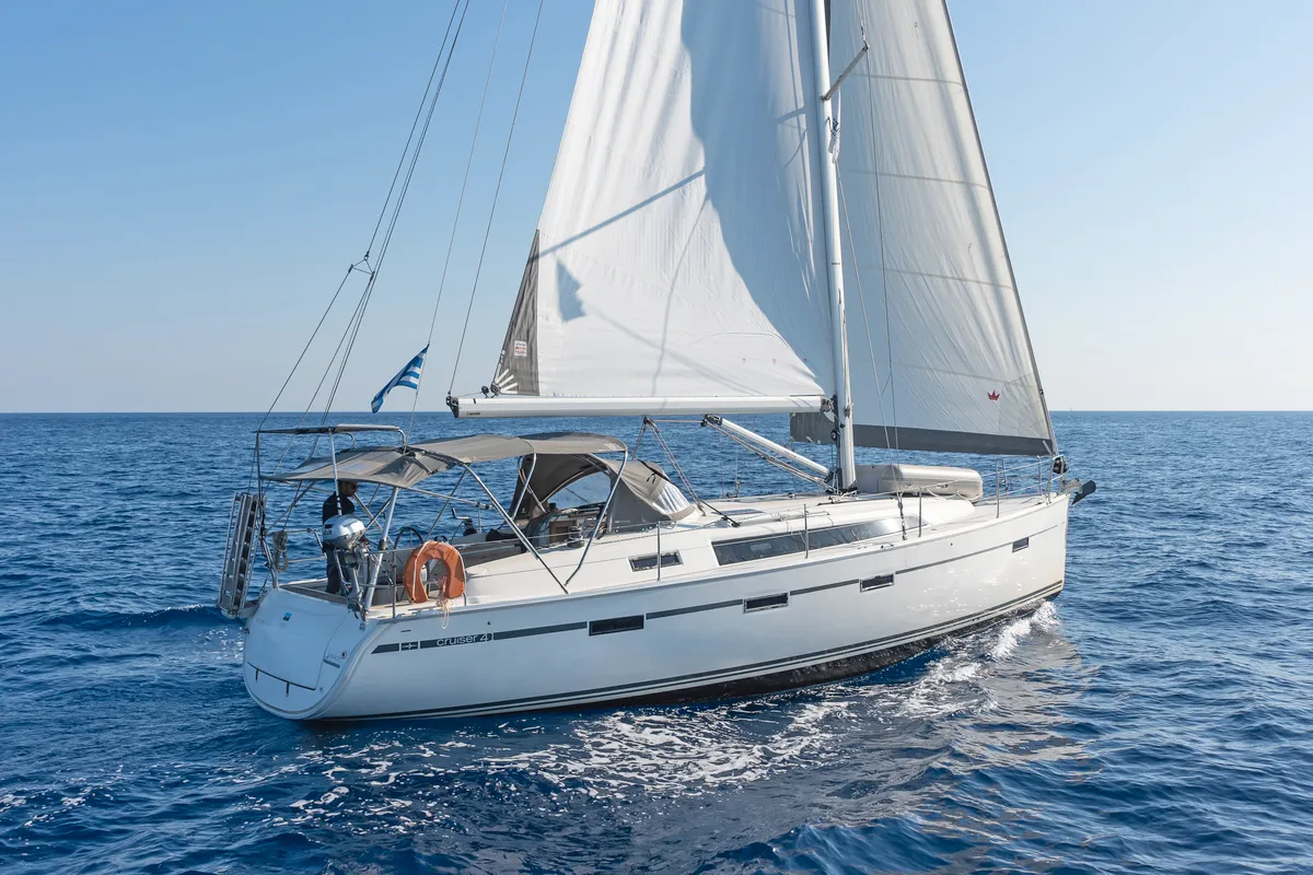 Exterior view of Laertis, a Bavaria Cruiser 41 sailboat at Volos, Greece
