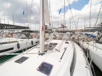 Deck of Laertis, a Bavaria Cruiser 41 sailboat at Volos, Greece