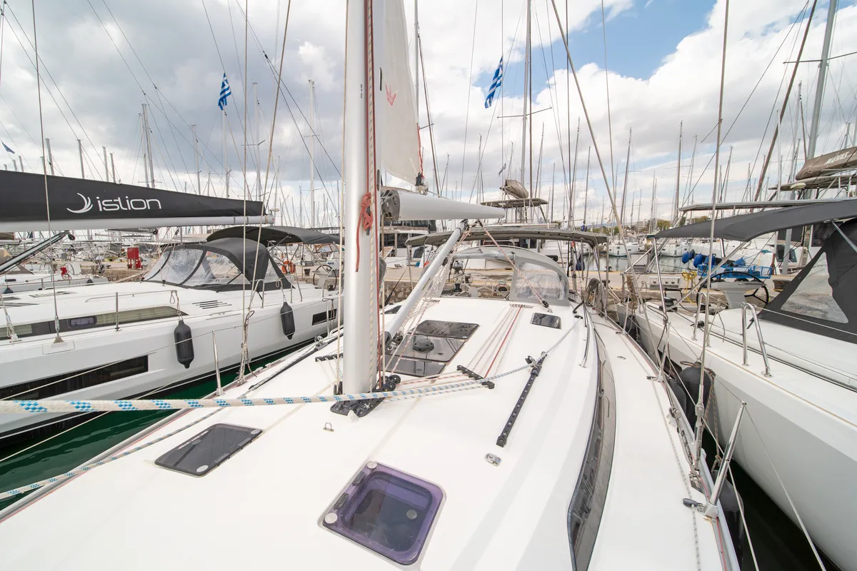 Deck of Laertis, a Bavaria Cruiser 41 sailboat at Volos, Greece