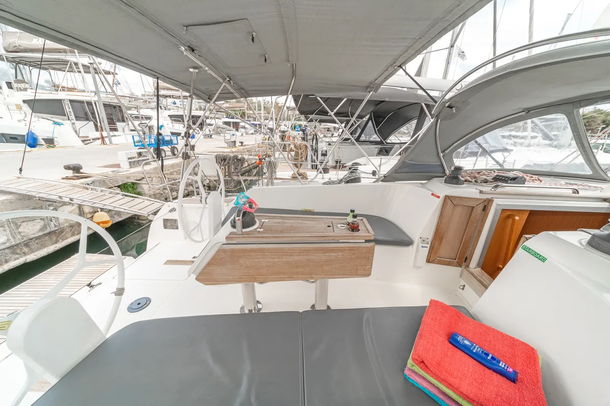 Cockpit of Laertis, a Bavaria Cruiser 41 sailboat at Volos, Greece