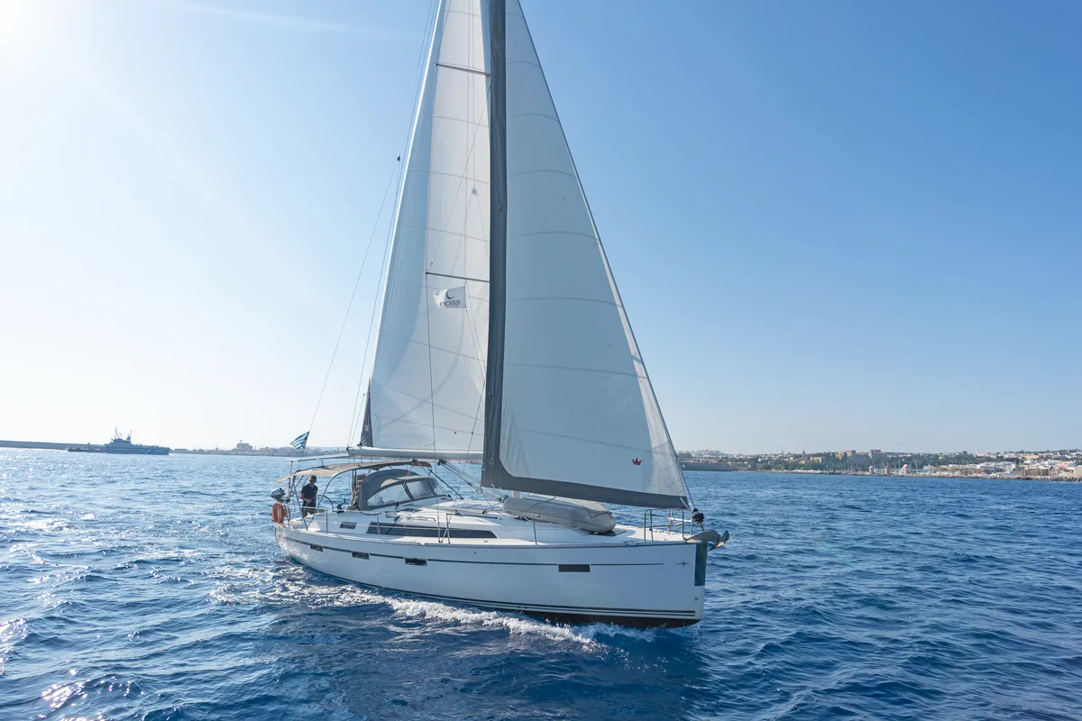 Exterior view of Laertis, a Bavaria Cruiser 41 sailboat at Volos, Greece